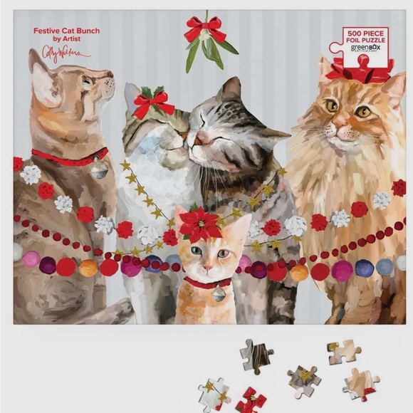 Festive Cat Puzzle with Red and Gold Accents - Picture 1 of 2